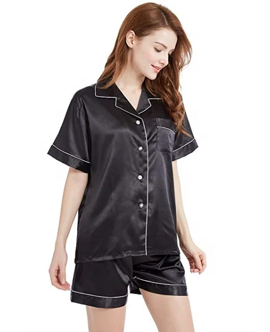 Womens Satin Silk Pajama Sets Short Sleeve Pyjama Sleepwear Homewear Night Wear Robe