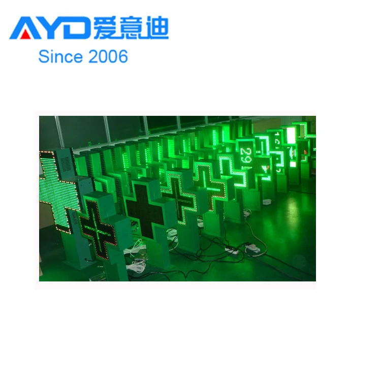 Hidly Outdoor Use Double Side 80*80cm Green and Blue Pharmacy Cross LED Sign with Waterproof Cabinet, Animation Customizable