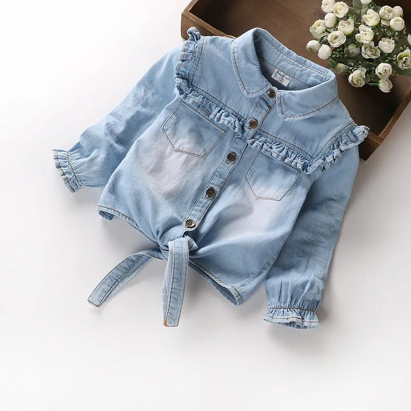 B21925A Осенняя детская одежда оптом джинсовая рубашка с длинным рукавом для девочек