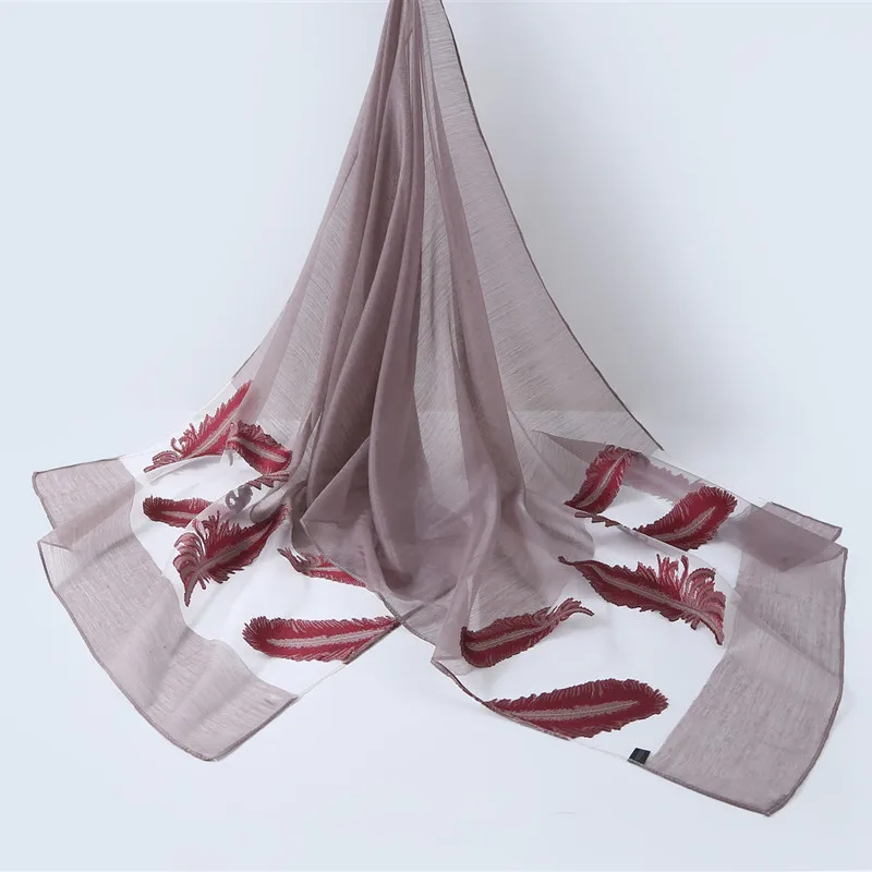 Hot sell multicolor feather pattern women voile scarf embroidered embroidery shawl