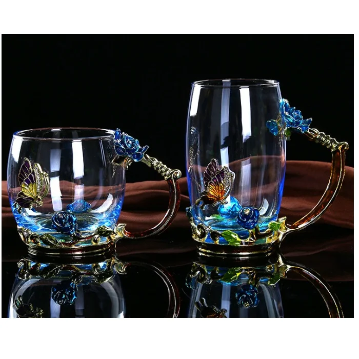 unique design flower tea cup  300-400ml  customized Logo glass tea mug with abnormal handle