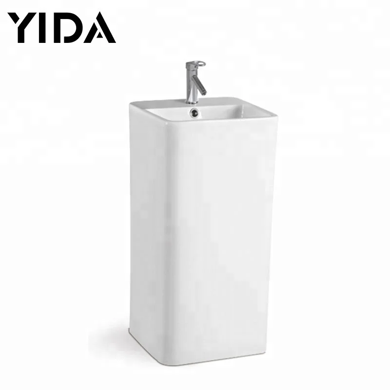 Modern Free Standing Full Ceramic Square Tube Pedestal wash Basins , Home or Business