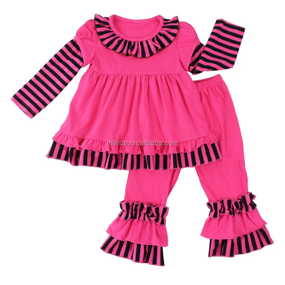 Girls Striped Knit Cotton Clothing Sets Top Dress And Ruffle Pants Kids Clothes