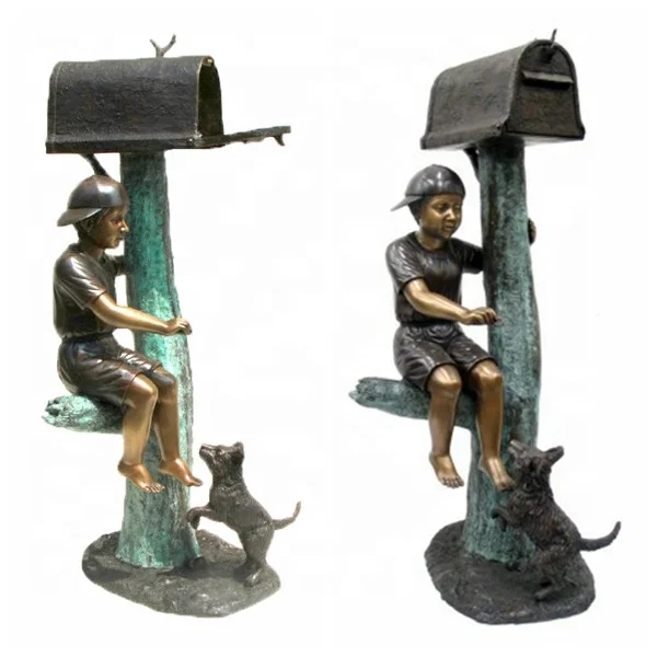 Home Garden Decoration Bronze Figure Sculpture Reading Boy Mailbox Statue Sit On Tree With Dog