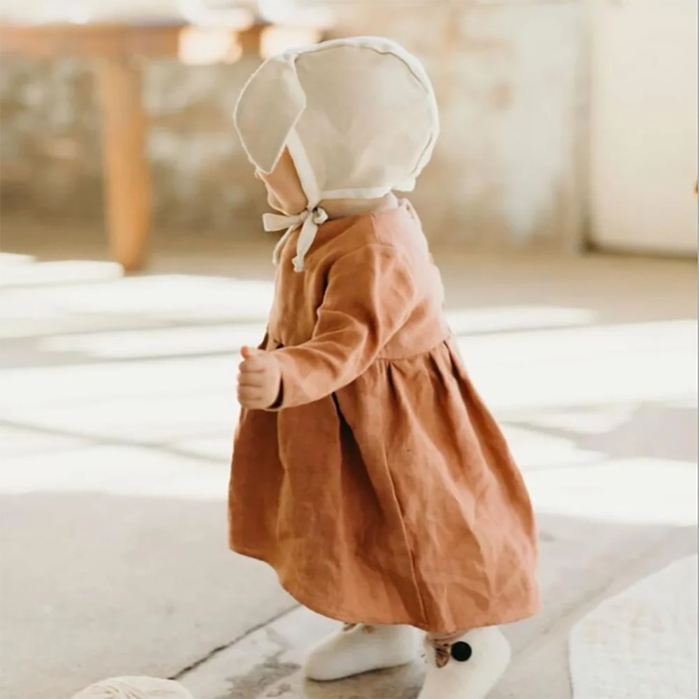 
New design kids clothing baby girls dress long sleeve casual style linen cotton boutique baby dress 
