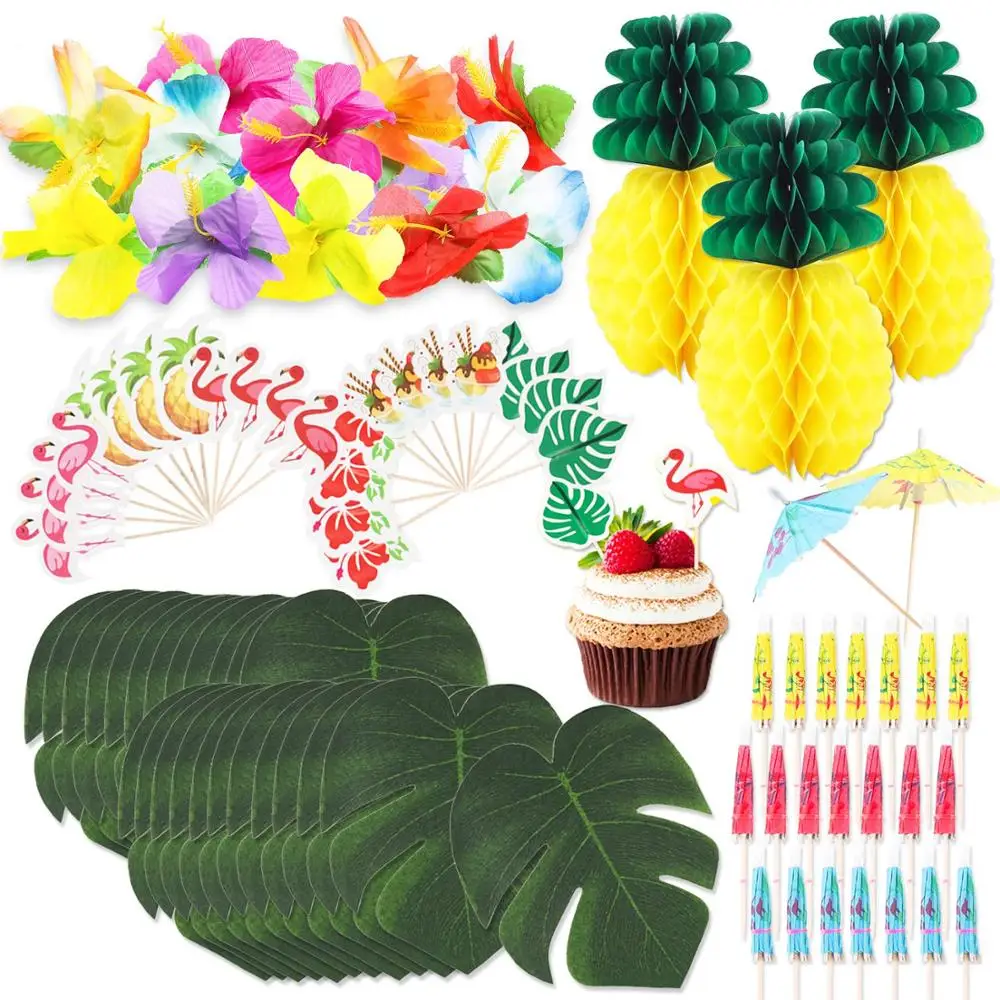 Tropical Hawaiian Jungle Party Decoration Set, Decorative Flower Turtle leaf Luau Party Supplies