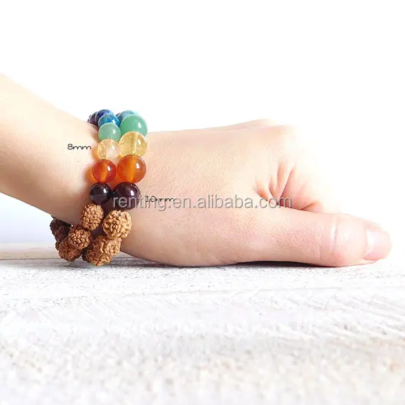 High Quality Gemstone 7 Chakra Stone Amethyst Lapis Citrine Rudraksha Seed Beaded Yoga Meditation Elastic Bracelet Men Women