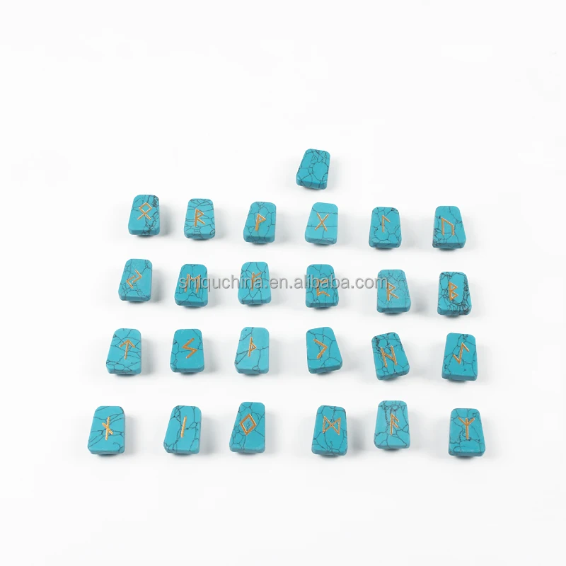 Wholesale semi precious stone blue turquoise gold engraved rune stone 25pcs/set