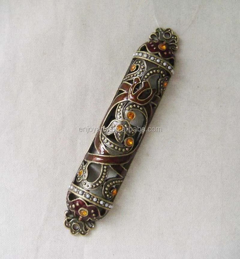 Antique Brass Amber Hand Enameled And Jeweled Hollow Metal Alloy Jewish Scroll Mezuzah Case