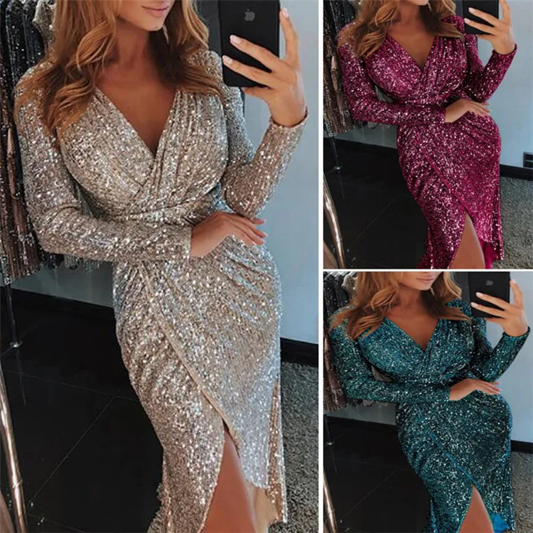 2019 Wholesale Europe and America Long Sleeve Sexy Sequin Pronm Evening Party Dress For Woman