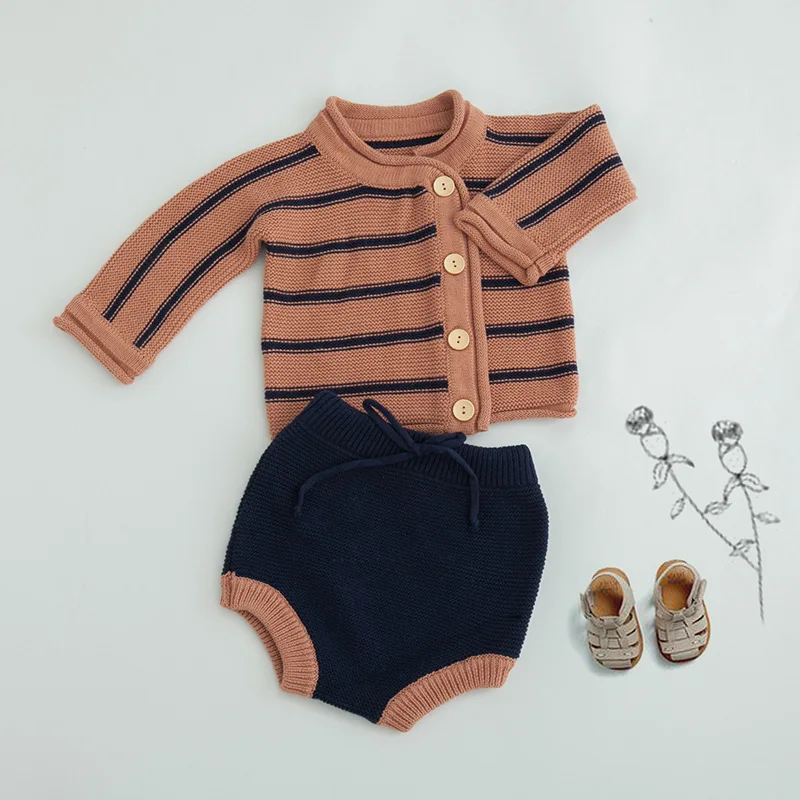 Spring knitted striped design baby outfits top sweater cardigan and trousers children clothes suit
