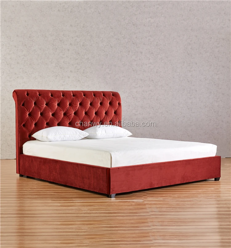 Luxurious Red Colour Velvet Fabric Bed with High Headboard