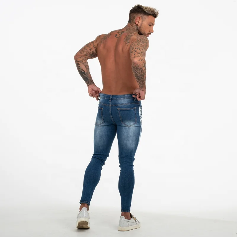 Gingtto New Arrival  Blue Ripped Damaged Mens Trousers Slim Fit Skinny Dropship Distressed Skinny Jeans Men