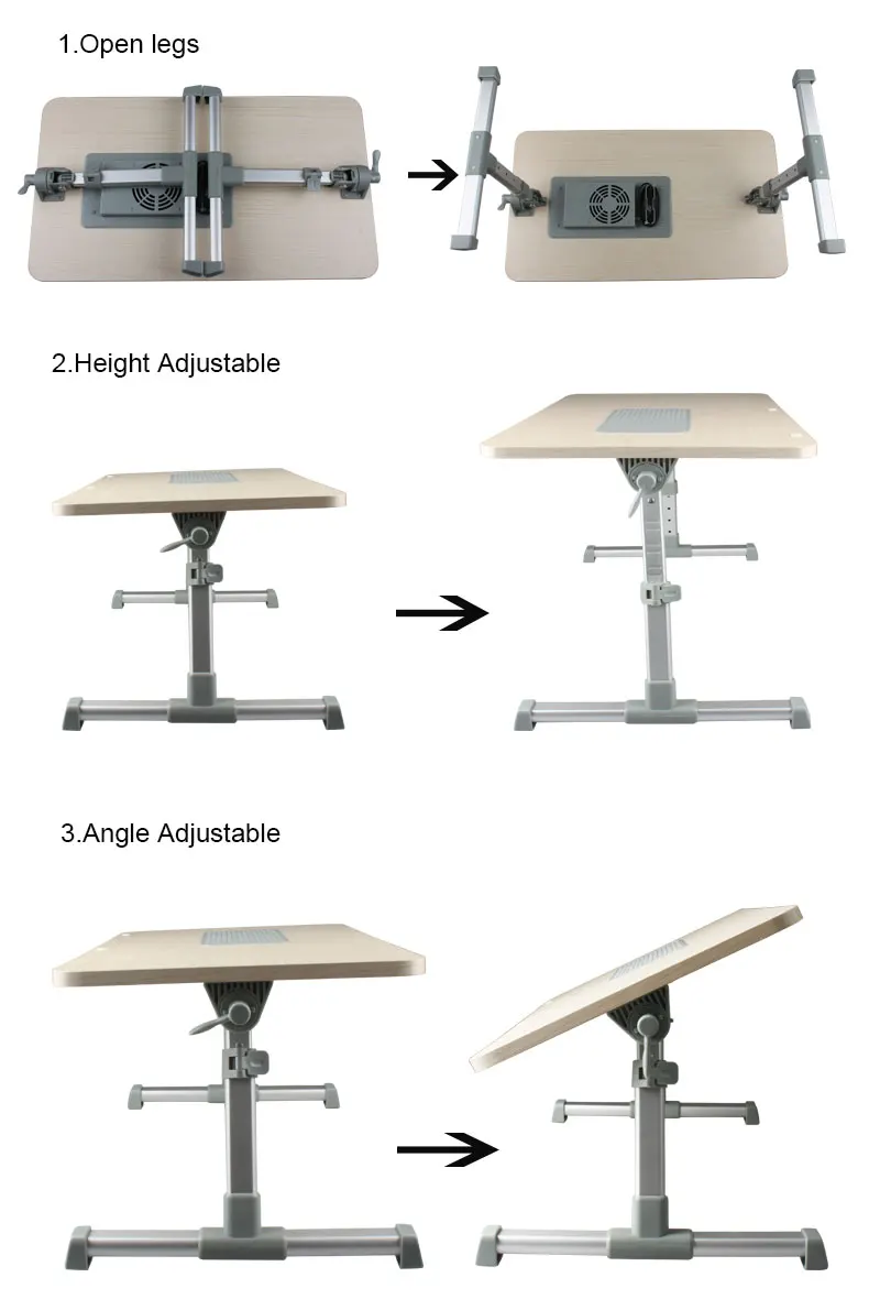 High quality  MDF wppden adjustable portable foldable laptop table with cooling fan on bed sofa