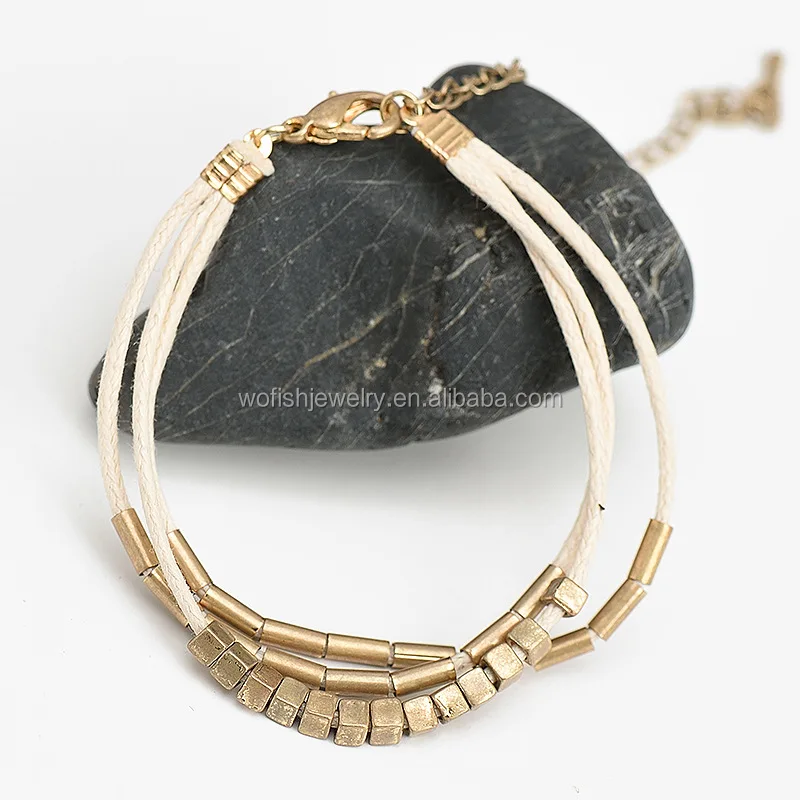 Antique gold White Strand Leather brass beaded tube Bracelet