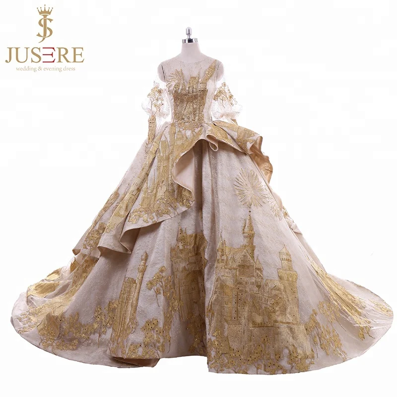 Charming Luxury Middle East Muslim Gold Ball Gown Castle Wedding Dresses Bridal Gown With Long Train in Turkey Dubai