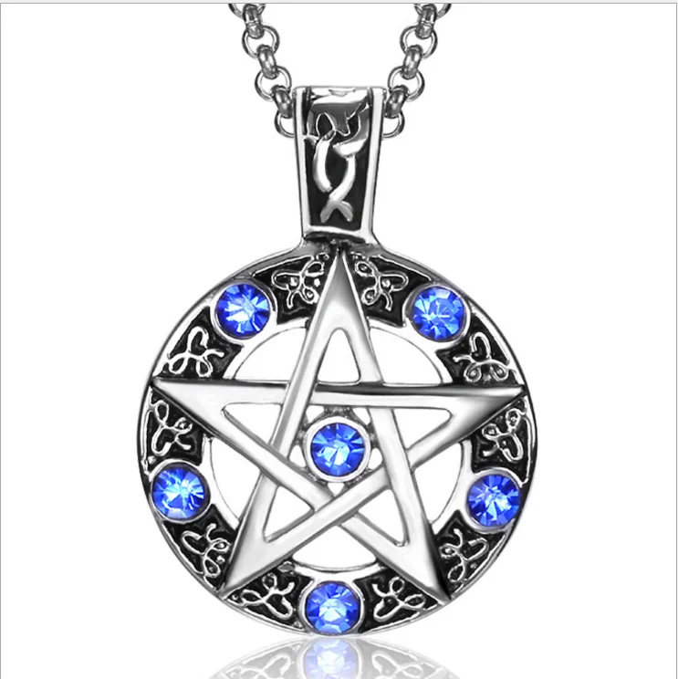 Huilin Jewelry Vintage Witch Necklace Gothic Pewter Pentagram Pentacle Pagan Wiccan Pendant Necklace for Men Friend Gift