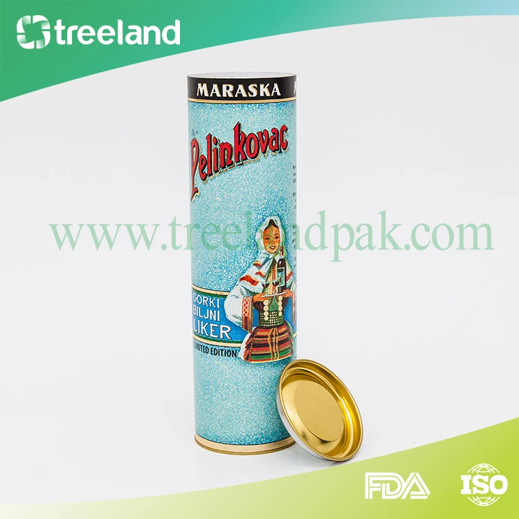 Custom Cylinder Round Tube Wine Bottle Gift Box Packaging with Tinplate Lid