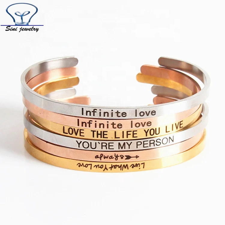 Hot sale Custom Logo and words Engraved inspirational Message Stainless Steel rose gold cuff bracelet indian sex bangle