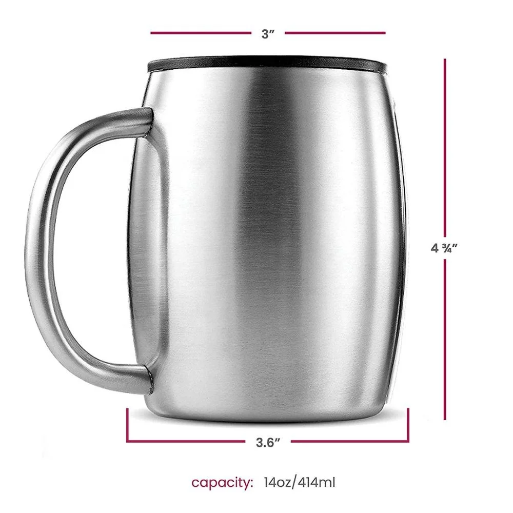 
14oz Double Wall Vacuum Insulated Metal Stainless Steel Coffee Beer Barrel Mugs with Handle Barrel-Shaped Camping Water Mugs 