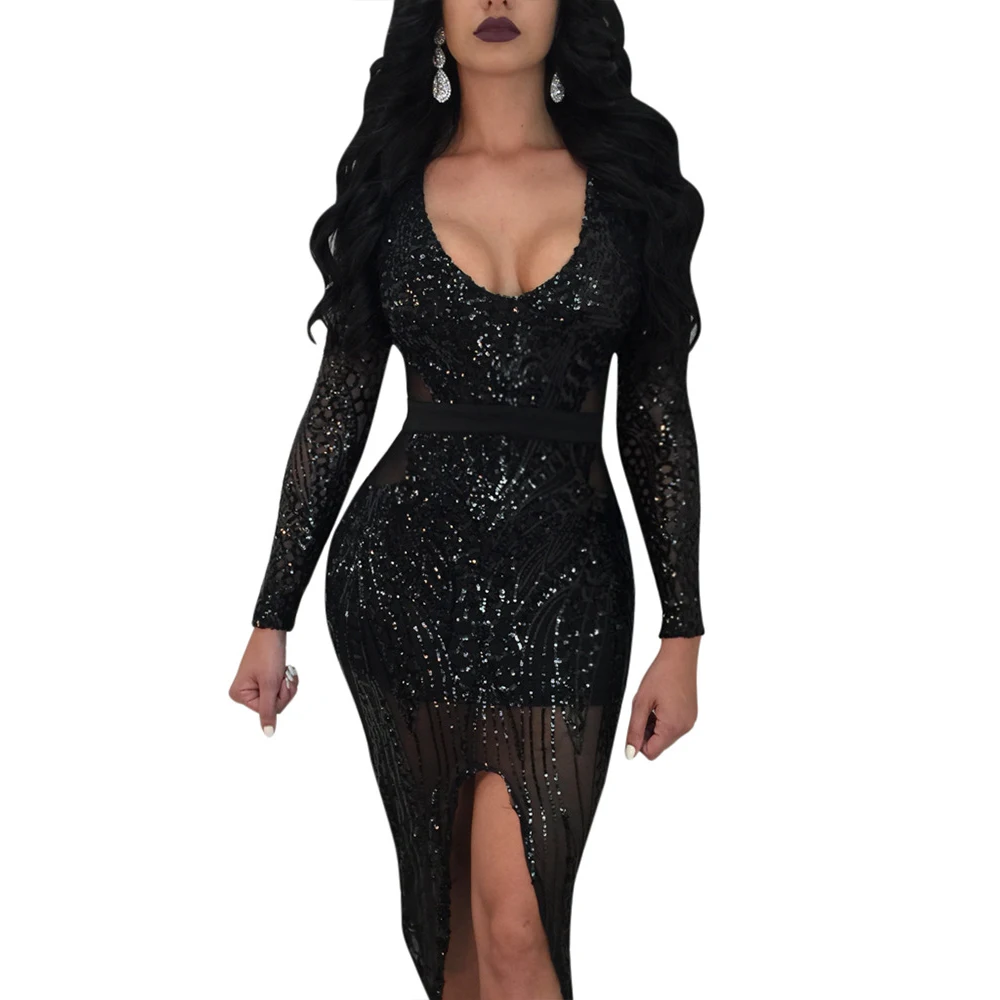 Women Lace Evening Party Sequined Dress Ladies Empire Waist Mid-calf Dress V-Neck Long Sleeve Dresses