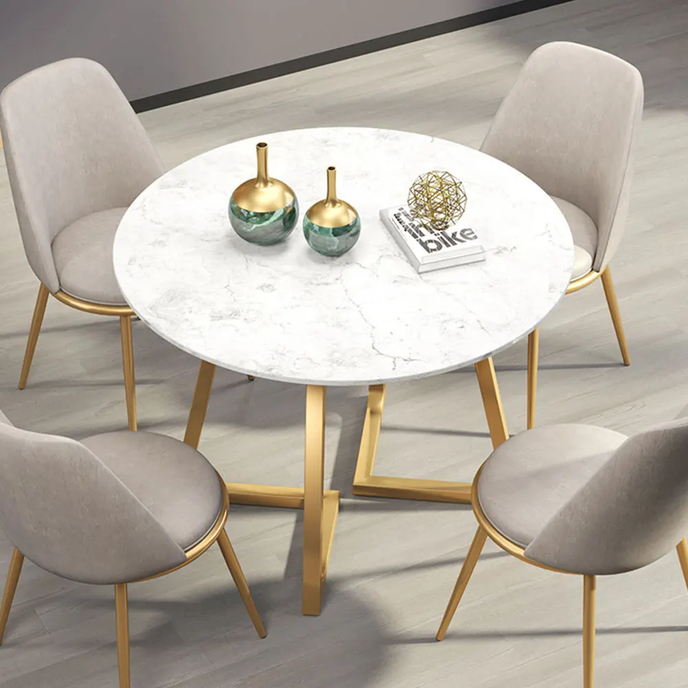
Golden metal base marble round dining table white marble top gold leg round coffee dining table customized 