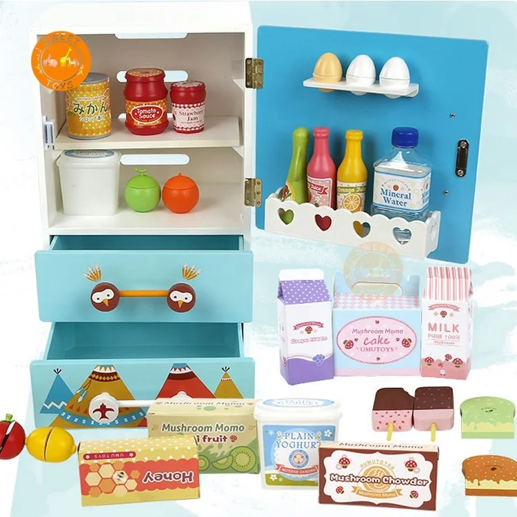 wooden Mini Fridge pretend toy play wooden kitchen set for kids wooden miniature Children refrigerator toys