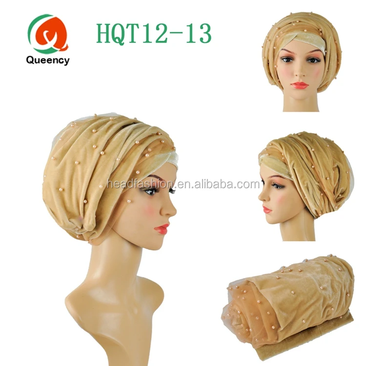 HQT12 Queency Latest Fashion Handmade Islamic Muslim Women Turban Gele Velvet Headscarf with Net and Beads