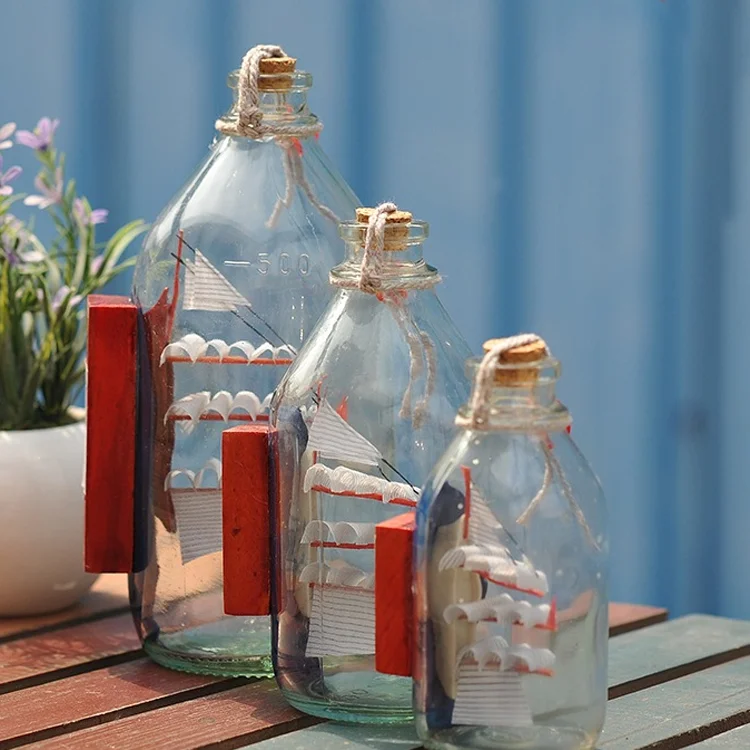 Sailing Boat in Drift Bottle Mediterranean Glass Pirate Ship Wishing Bottle