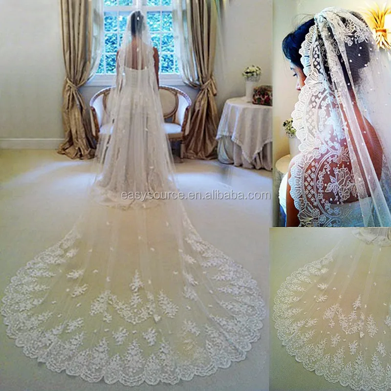 Luxury Cathedral 3.5M Wedding Veil Lace Pearls beaded bridal veil