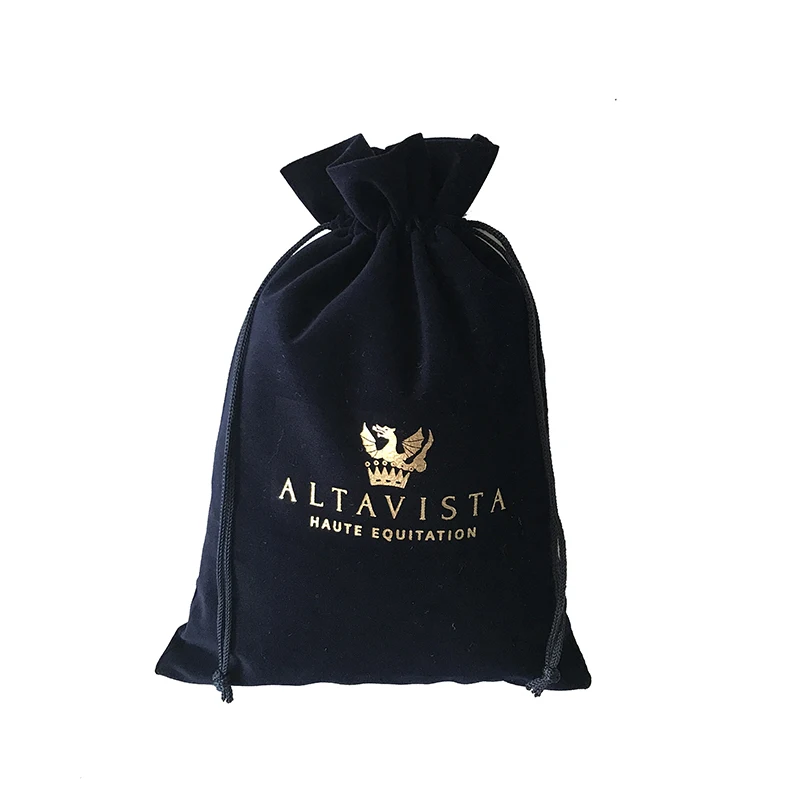 Customized Brand Logo Gold Hot Print Navy Blue Velvet Drawstring Makeup Gift Bags
