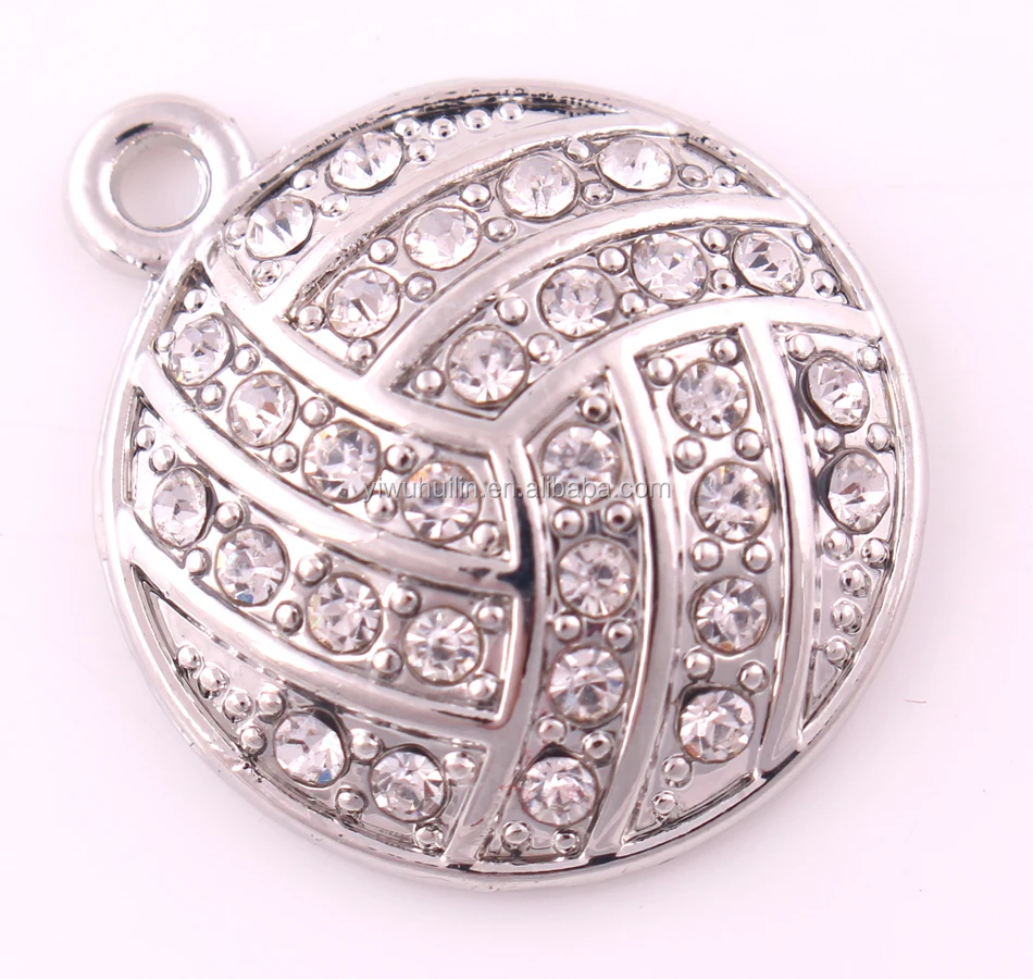 P500228 Yiwu Huilin jewelry Wholesale volleyball charms popular silver plated crystal volleyball pendant