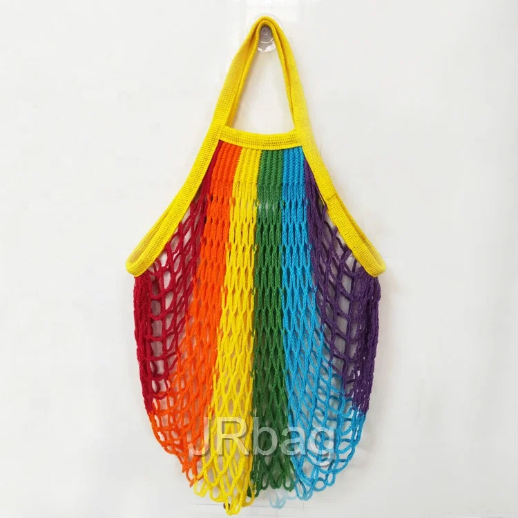 Manufacture Eco 100% Cotton French Style Rainbow Large Filter Shopping Storage String Market Mesh Net Bags with Shoulder Straps