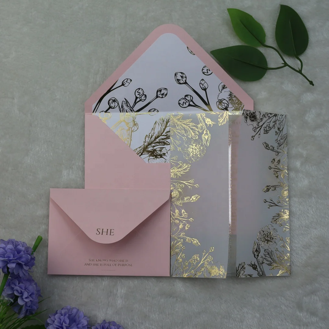 Personalized  Vellum Gold Floral Wedding Invitations with Acrylic Invitation Card