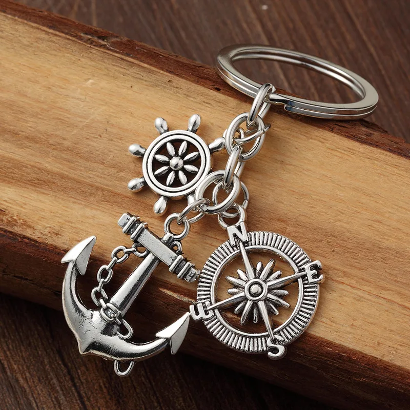Hot Sale Fashion Vintage Silver Alloy Compass & Anchor Charms Keychain Bag Decoration For Car Key Ring Jewelry Gift