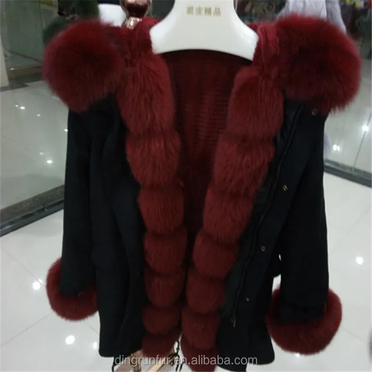 
Fox Fur Collar and Trim Rex Rabbit Fur lined coat Hooded real fur parka 