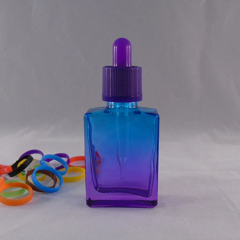 cosmetic oil 1 oz 30ml square rectangle shape blue & purple glass dropper beard oil bottle