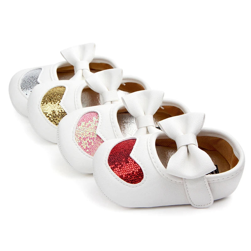 Wholesale China Newborn Baby Girl Blingbling Sequins Heart Fancy Shoes Prewalker Shoes Soft Leather Toddler Baby White Shoes