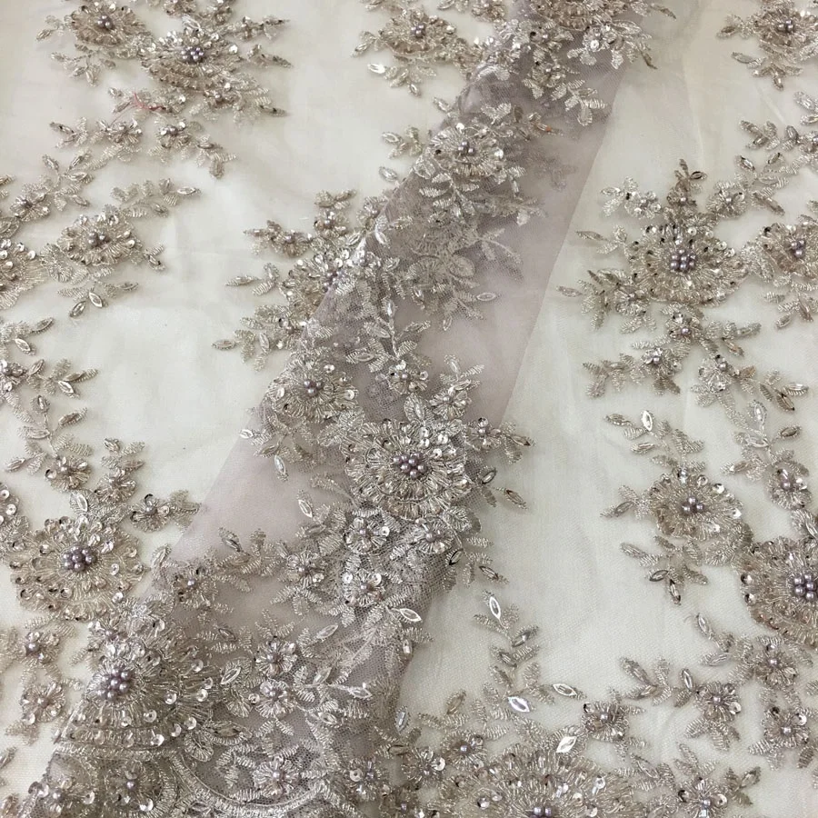 latest allover hand beaded sequin lace fabric metallic embroidery designs for dress, high quality beaded lace fabric embroidery