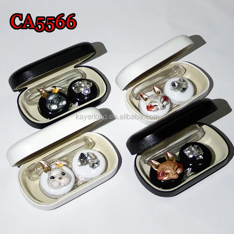 rabbit and fox diamond deco PU cover iron colorful contact lens case CA5566