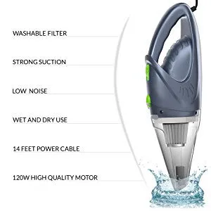 
Car Vacuum Cleaner 120W 4500 Pa DC 12 Volt Handheld Portable 1 Steel Washable Filter 2 Attachments Carry Bag 16 Foot Power Cord 