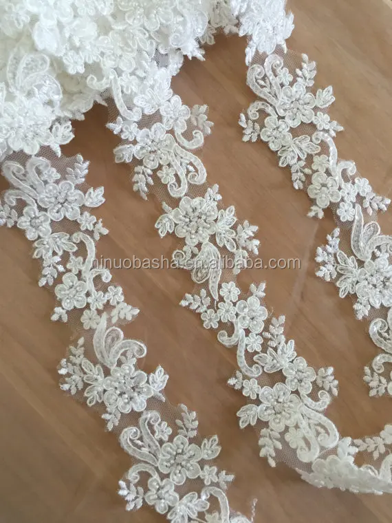 
NW1136 Exquisite Beaded Alencon Lace Trim , Bridal Veil Lace, Scallop Wedding Gown Lace Trim , Bridal Dress Straps 