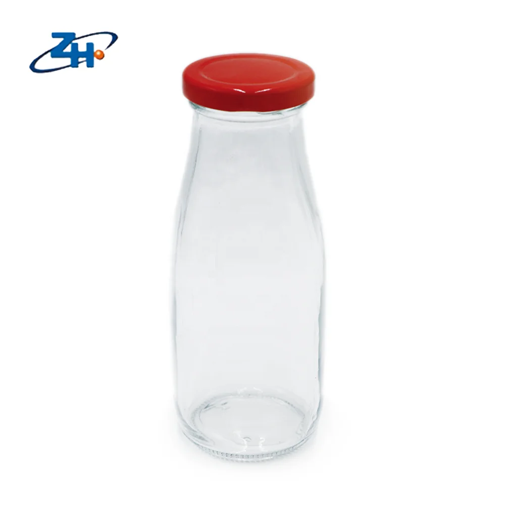 Hot Selling Clear Milk Glass Bottle with Red Cap Food Custom Tableware Wholesale Milk Tea Juice Beverage Glass Bottle CROWN Cap