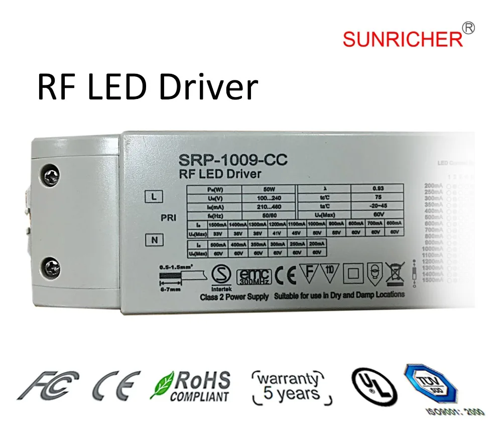 50W RF dimmable constant current led driver SRP-1009-CC from 250ma to 1500ma