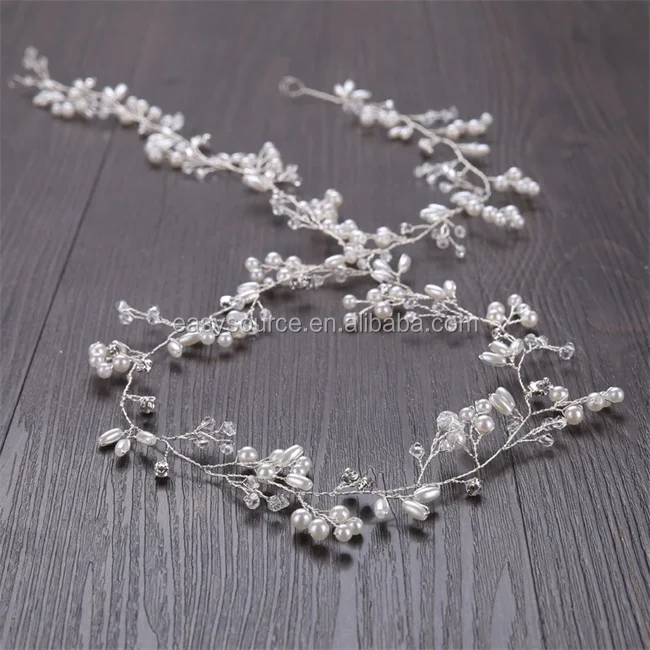 Handmade Crystals Bridal Wedding Headband Princess Hair Vine and Bride Headpiece Pearl Long Tiara Bridal Headbands
