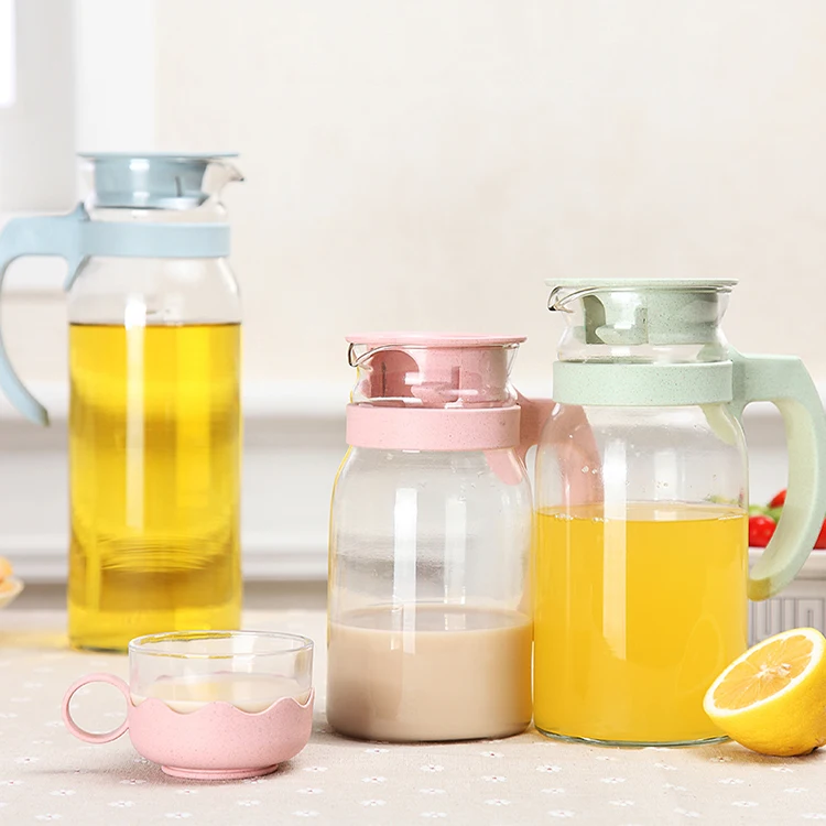 Heat resistant glassware 0.8L/1.1L/1.4L  wheat fiber hot and cold juice milk drinking water jug with lid glass pitcher