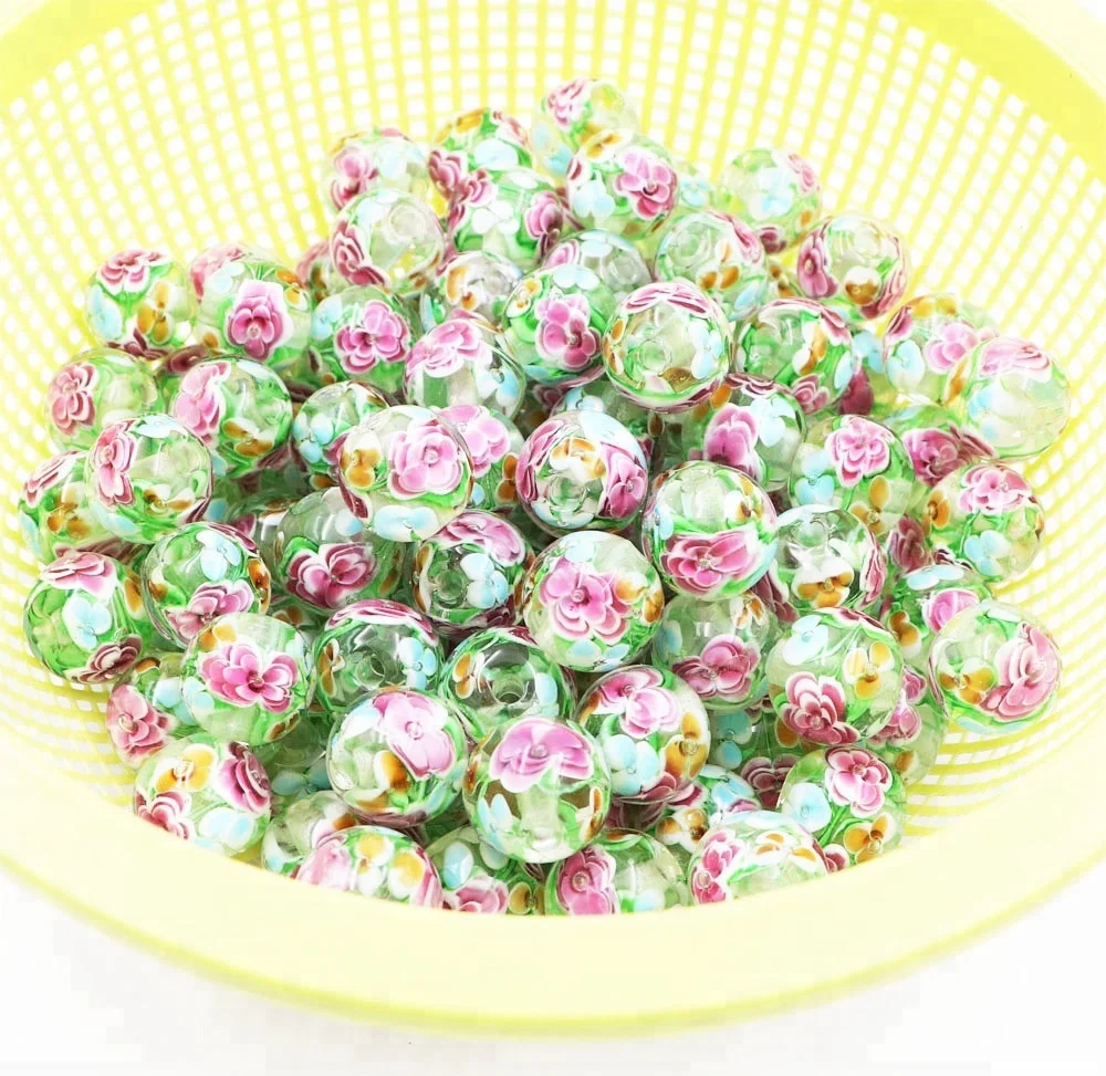20mm Big hole Lampwork Glass Round Flower Focal Beads for Women Girl Jewelry Table Lamp Crafts Decoration