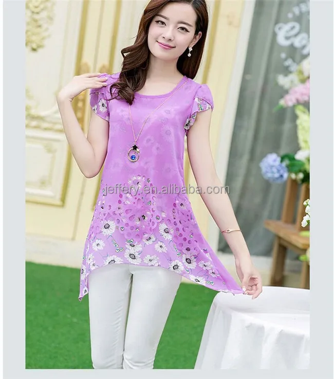 Latest short sleeve shirt floral printed chiffon long shirts blouse designs loose tops A778