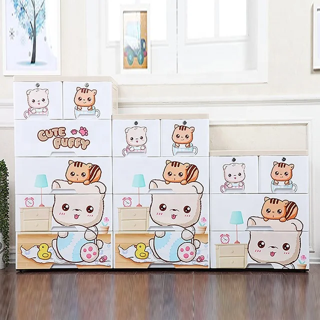 5 layer cartoon design storage drawer foldable plastic cabinet baby cupboard for clothes