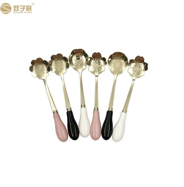 Ceramic Handle Stainless Steel Flower Shape Dessert Tea Small Spoon